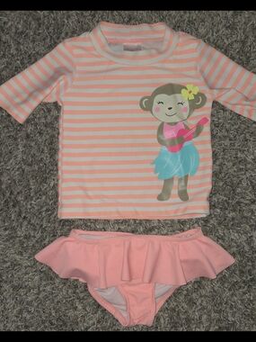 Toddler Pink Stripe Rash Guard Set with Monkey Print